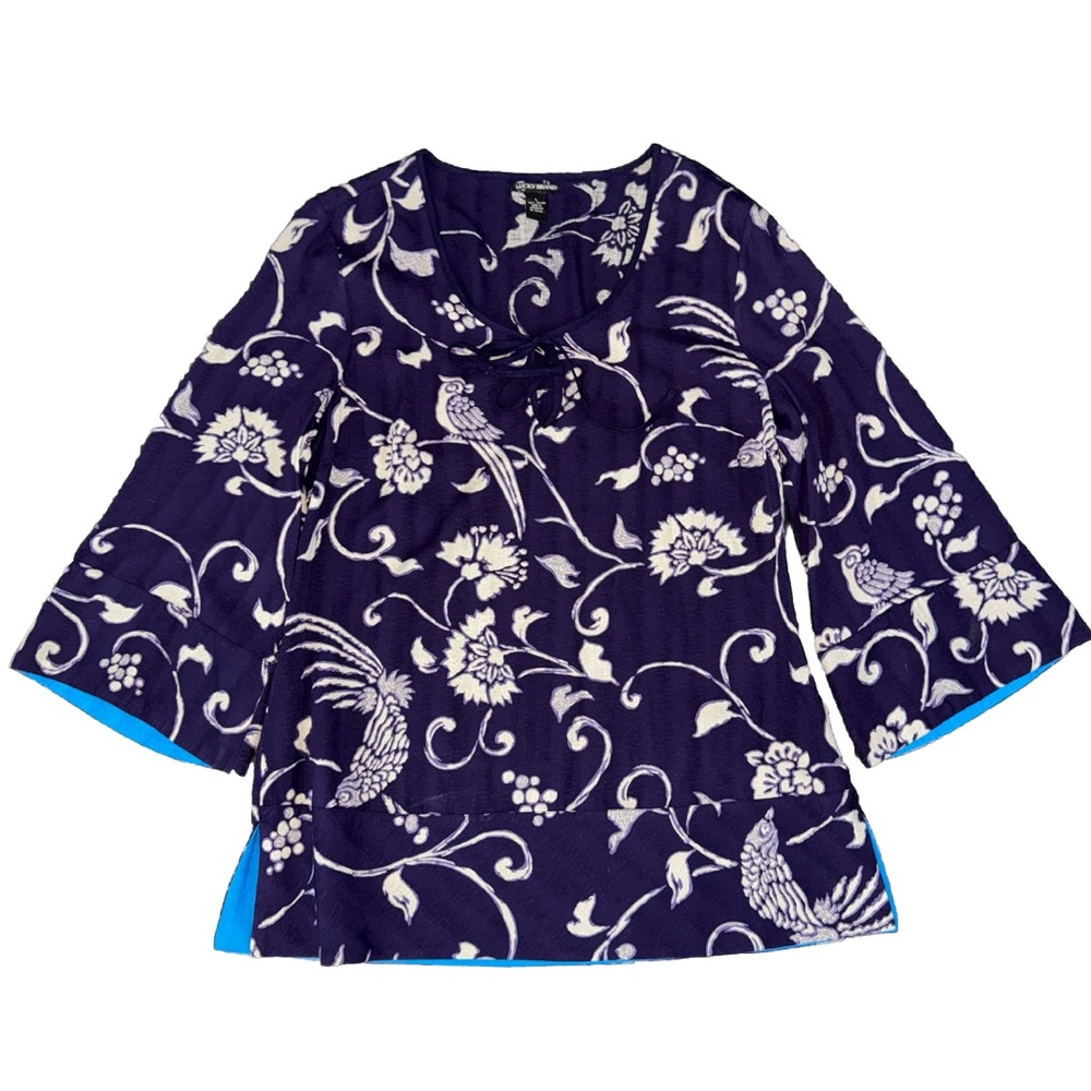 Lucky Brand Tunic Women's L Purple Gray Blue 3/4 Sleeve Pullover Floral Boho